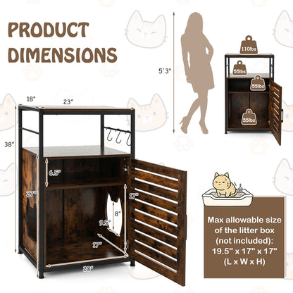 Cat Litter Box Enclosure with Louvered Door and 3-Tier Shelf-Coffee