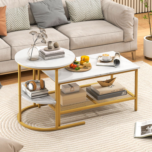 Coffee Table 2-Tier Rectangle Coffee Table and Side End Table with Storage Shelves-White and Golden