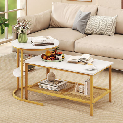 Coffee Table 2-Tier Rectangle Coffee Table and Side End Table with Storage Shelves-White and Golden