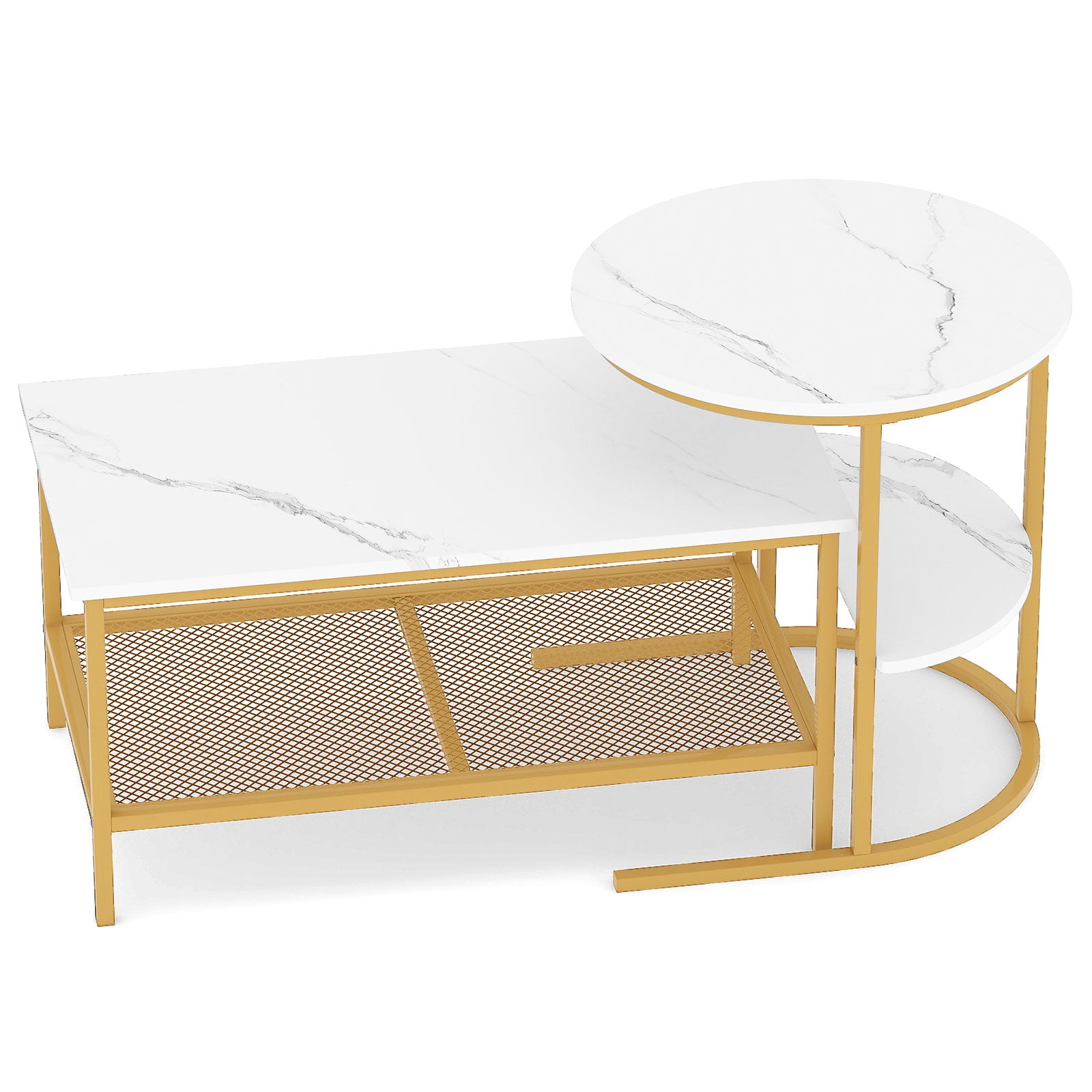 Coffee Table 2-Tier Rectangle Coffee Table and Side End Table with Storage Shelves-White and Golden