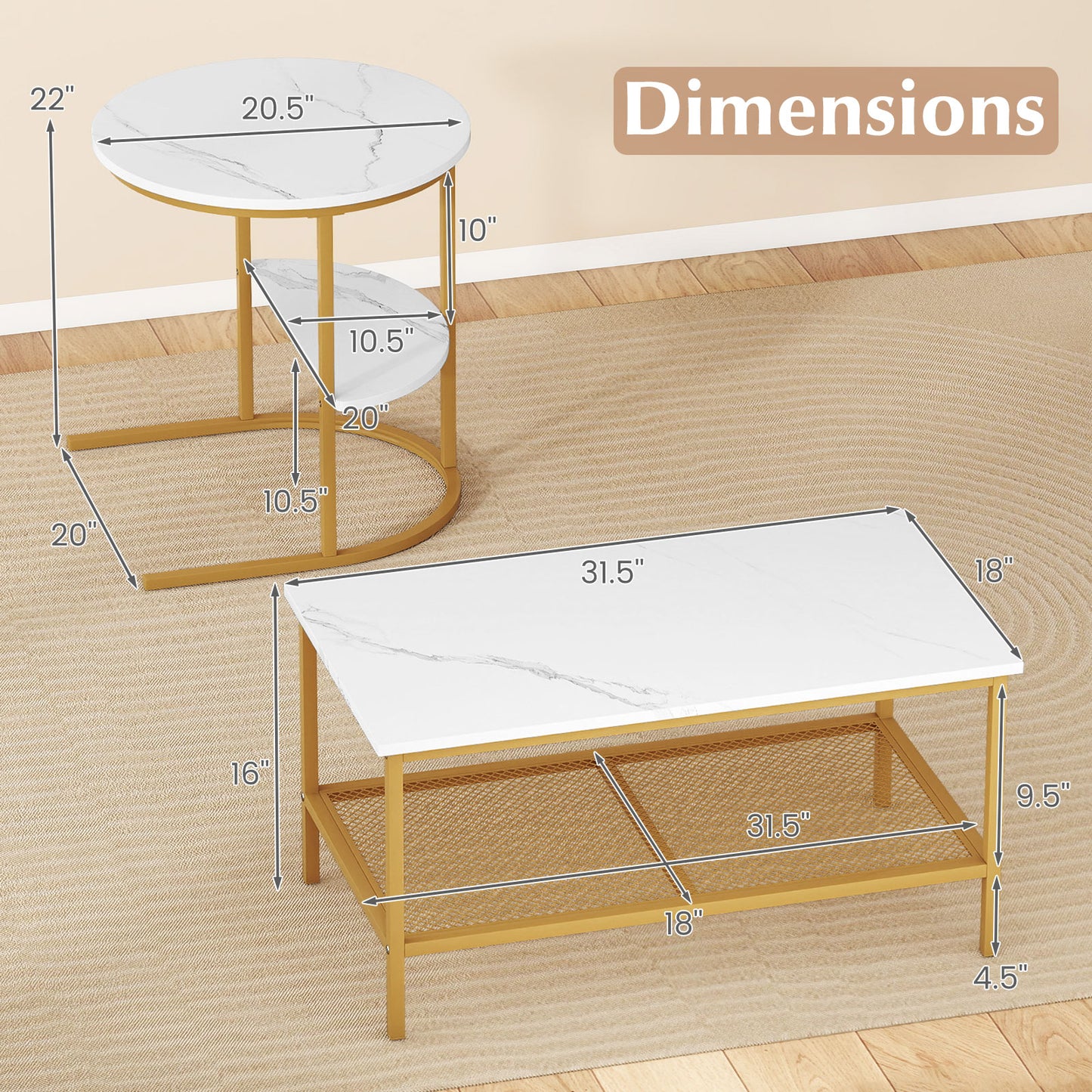 Coffee Table 2-Tier Rectangle Coffee Table and Side End Table with Storage Shelves-White and Golden