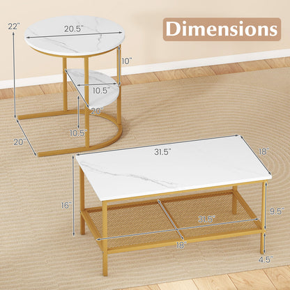Coffee Table 2-Tier Rectangle Coffee Table and Side End Table with Storage Shelves-White and Golden