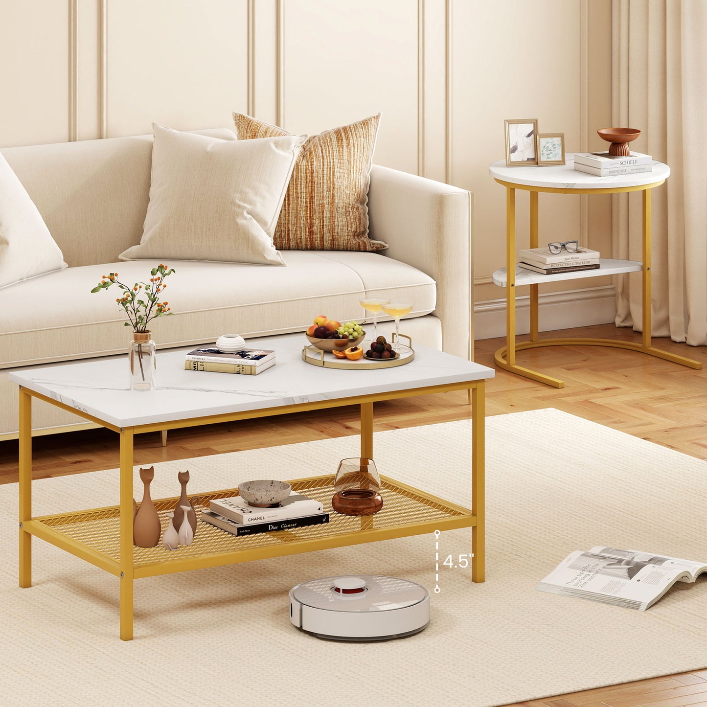 Coffee Table 2-Tier Rectangle Coffee Table and Side End Table with Storage Shelves-White and Golden