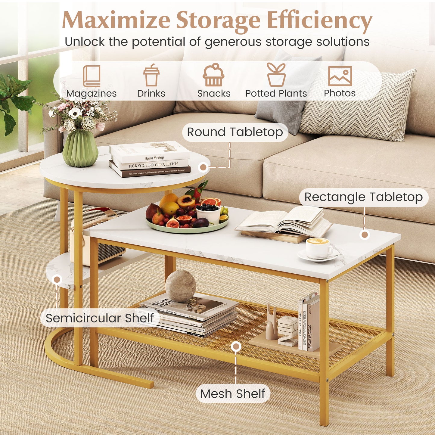 Coffee Table 2-Tier Rectangle Coffee Table and Side End Table with Storage Shelves-White and Golden