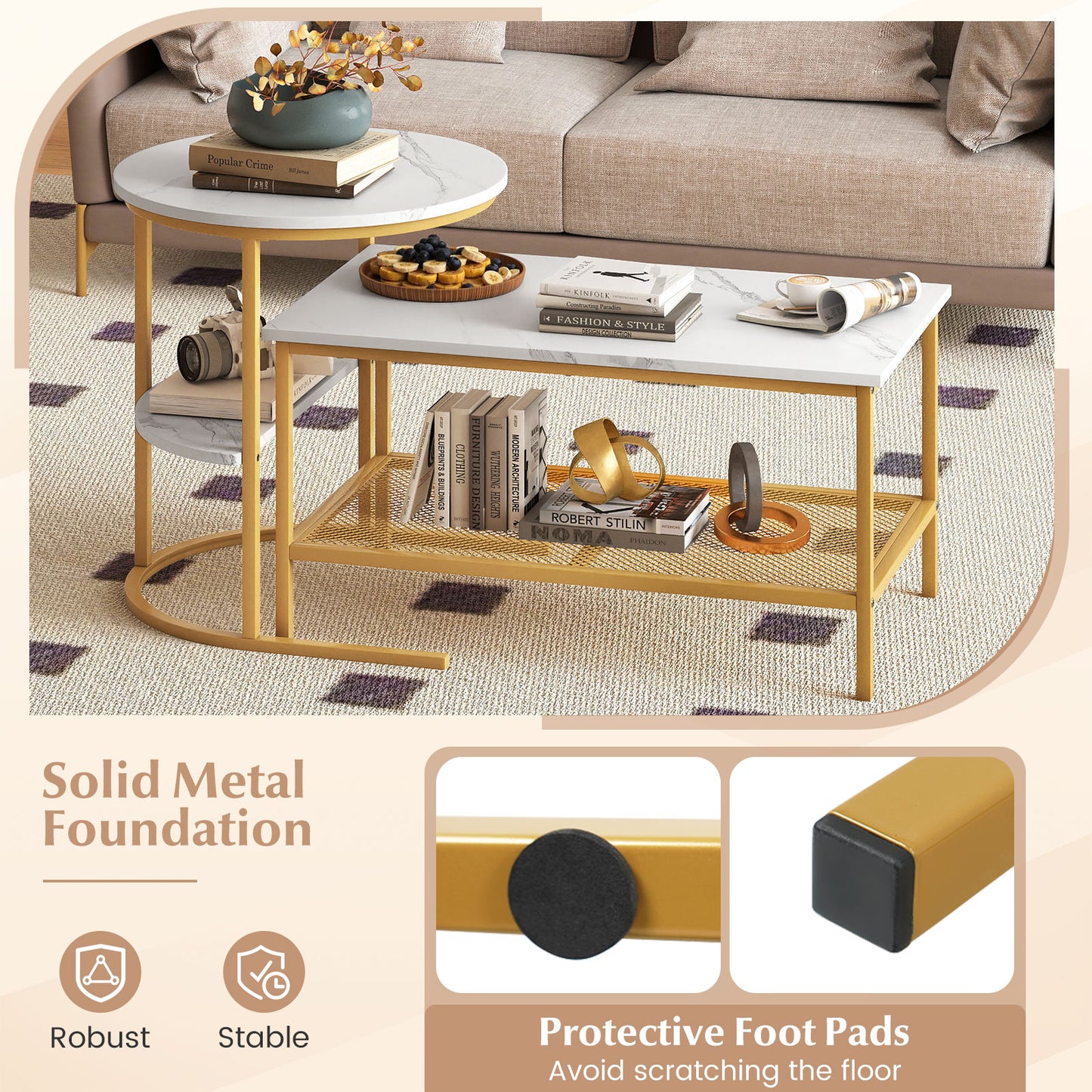 Coffee Table 2-Tier Rectangle Coffee Table and Side End Table with Storage Shelves-White and Golden