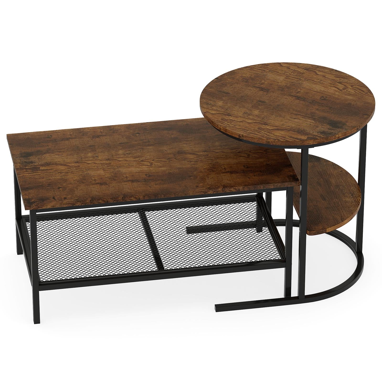 Coffee Table 2-Tier Rectangle Coffee Table and Side End Table with Storage Shelves-Rustic Brown