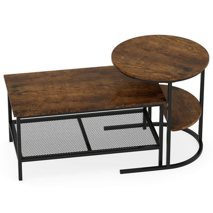 Coffee Table 2-Tier Rectangle Coffee Table and Side End Table with Storage Shelves-Rustic Brown