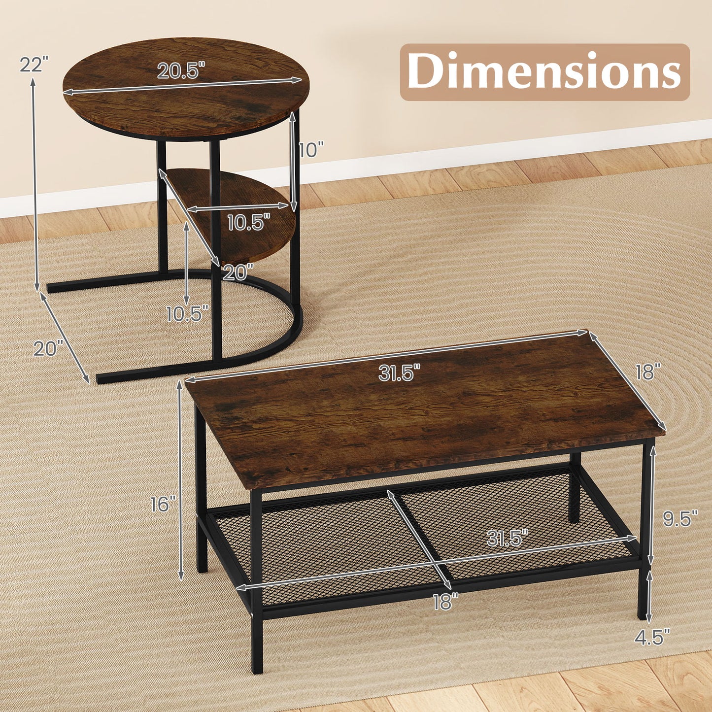 Coffee Table 2-Tier Rectangle Coffee Table and Side End Table with Storage Shelves-Rustic Brown