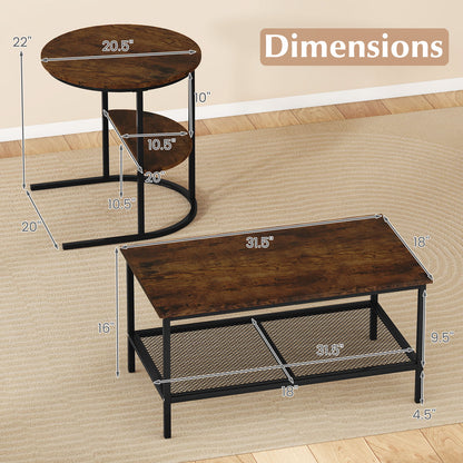 Coffee Table 2-Tier Rectangle Coffee Table and Side End Table with Storage Shelves-Rustic Brown