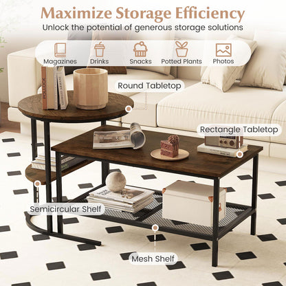 Coffee Table 2-Tier Rectangle Coffee Table and Side End Table with Storage Shelves-Rustic Brown