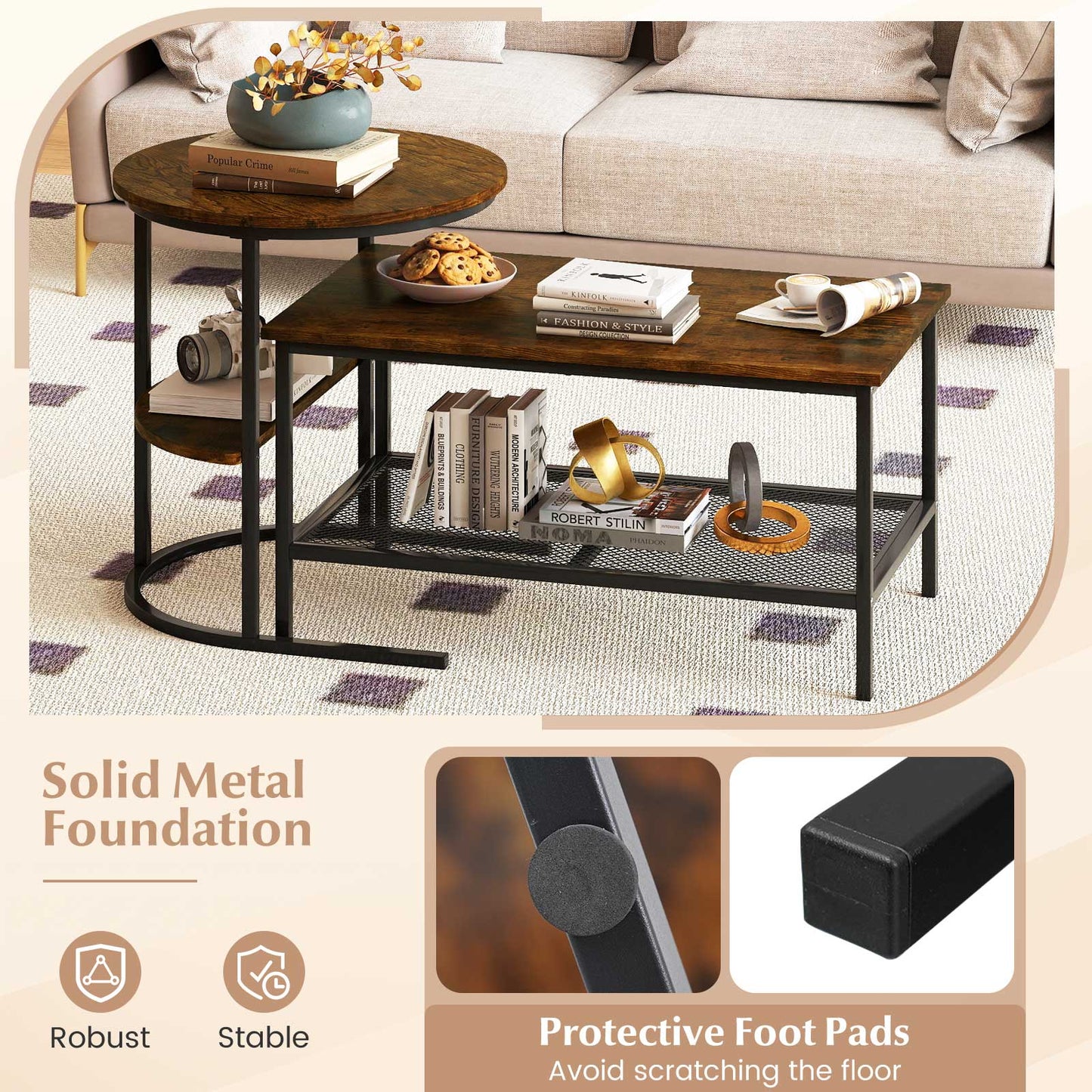 Coffee Table 2-Tier Rectangle Coffee Table and Side End Table with Storage Shelves-Rustic Brown