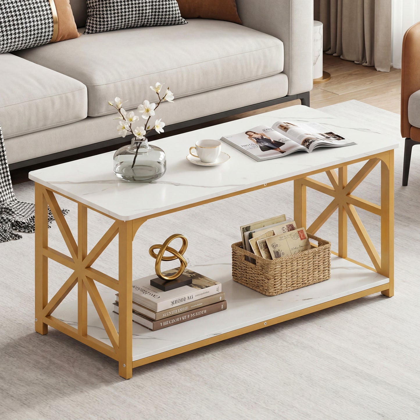 Coffee Table 2-Tier Center Table with Storage Shelf