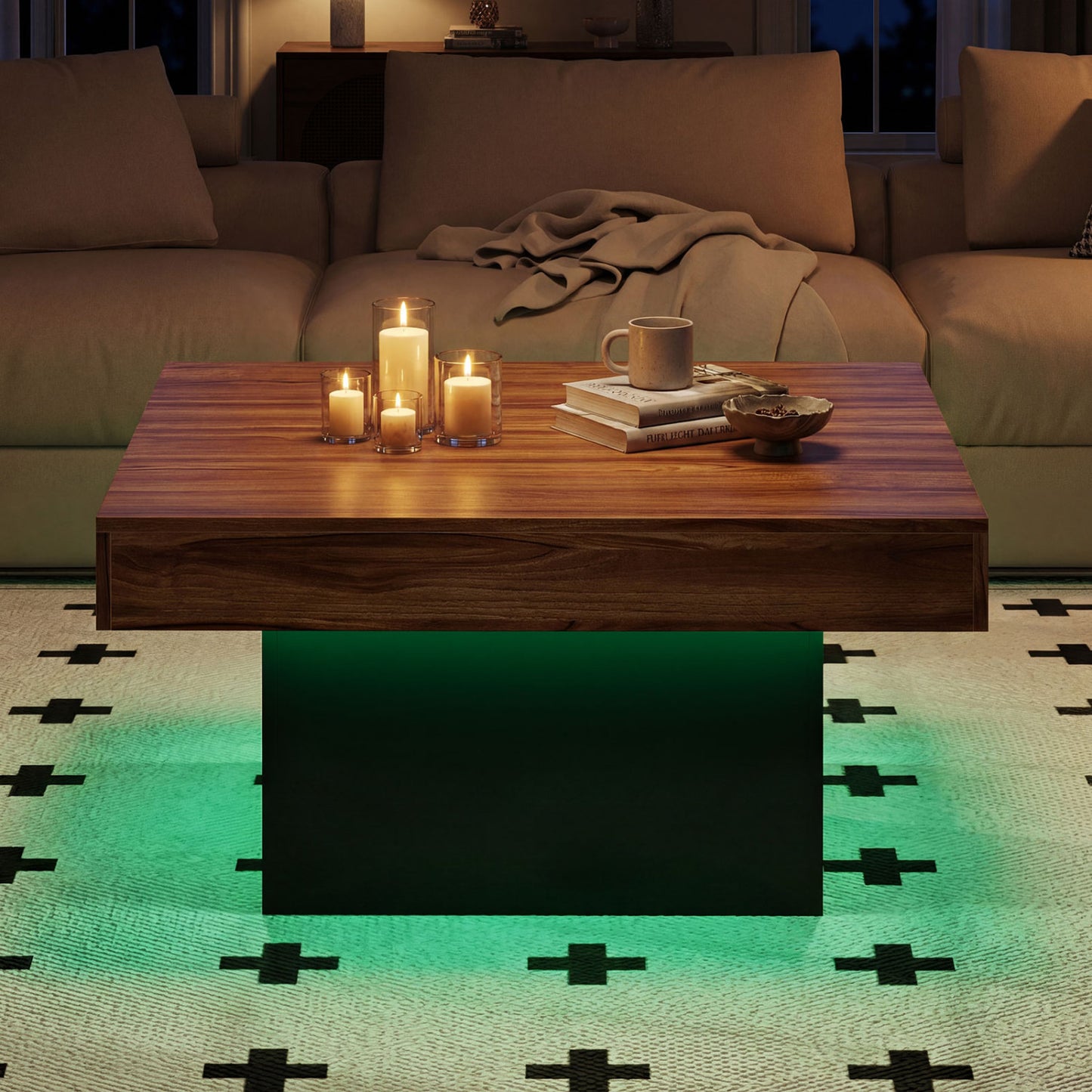 Coffee Table Accent Table with LED Lights and Dynamic Modes-Rustic Brown