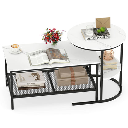 Coffee Table Set of 2 2-Tier Rectangle Coffee Table and Side End Table with Storage Shelves-White