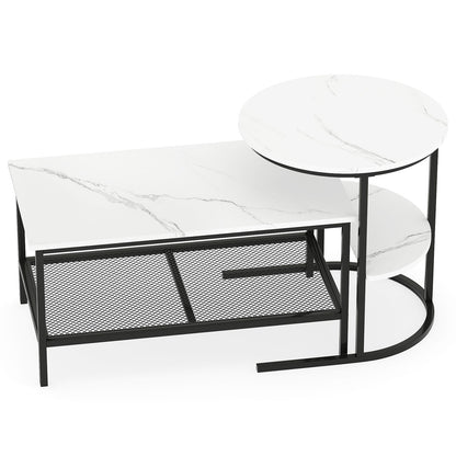 Coffee Table Set of 2 2-Tier Rectangle Coffee Table and Side End Table with Storage Shelves-White