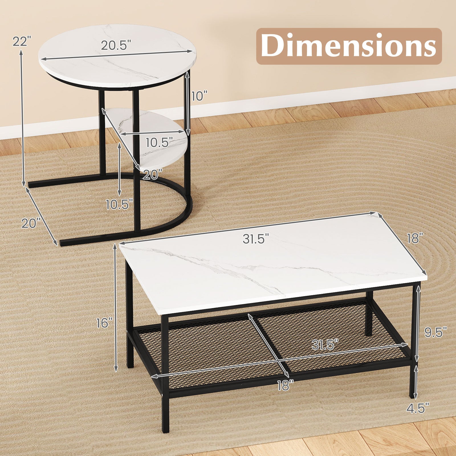 Coffee Table Set of 2 2-Tier Rectangle Coffee Table and Side End Table with Storage Shelves-White
