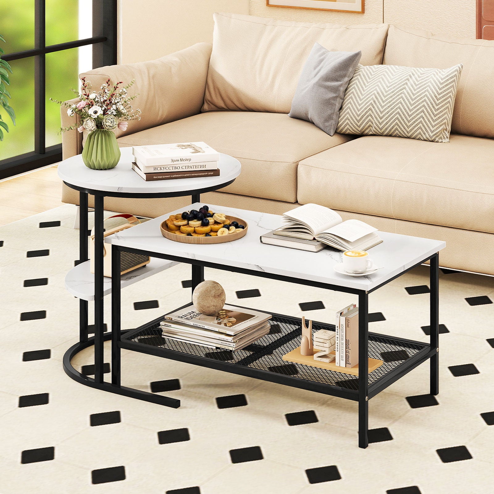 Coffee Table Set of 2 2-Tier Rectangle Coffee Table and Side End Table with Storage Shelves-White