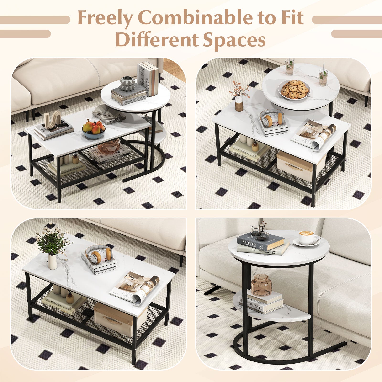 Coffee Table Set of 2 2-Tier Rectangle Coffee Table and Side End Table with Storage Shelves-White