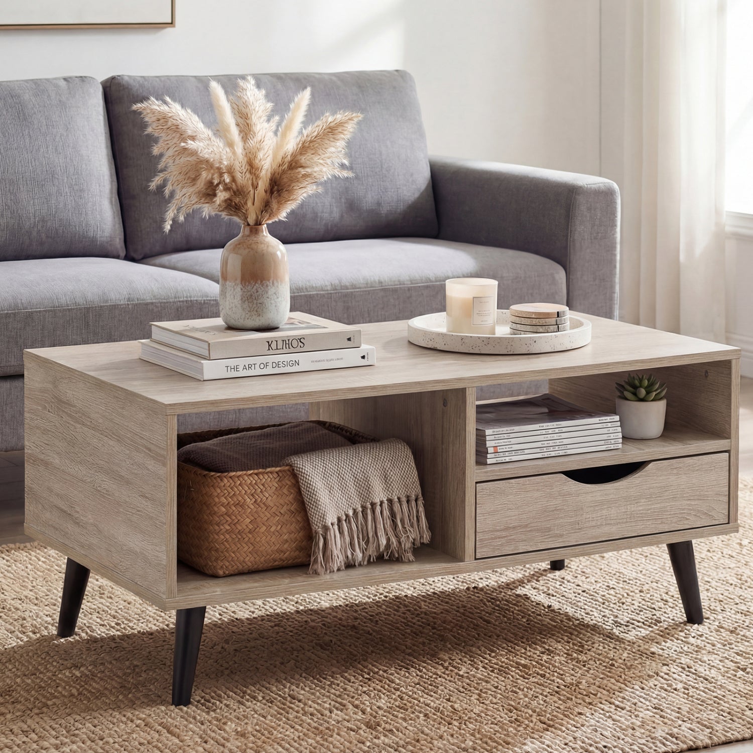 Coffee Table with Storage Rustic Rectangle Center Table-Natural