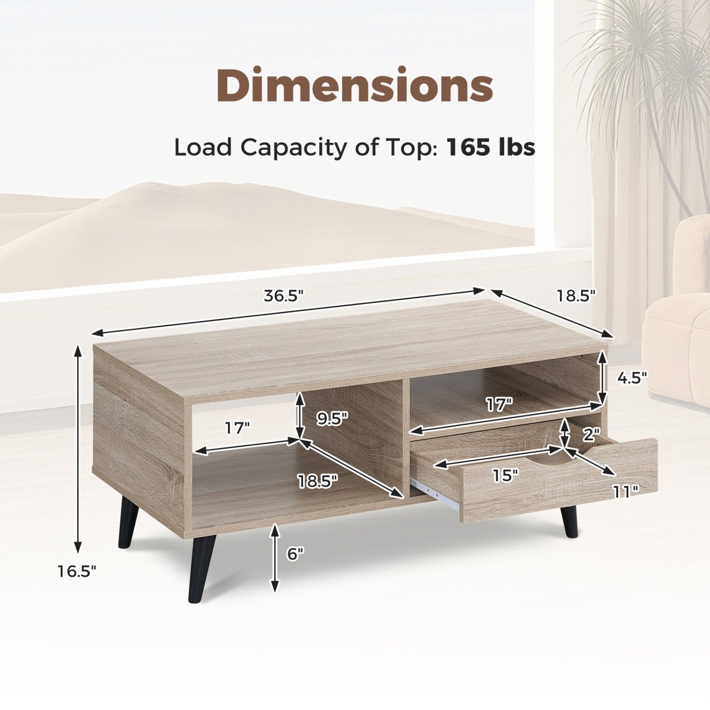 Coffee Table with Storage Rustic Rectangle Center Table-Natural