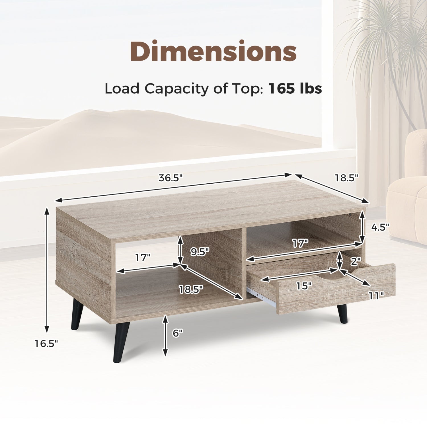 Coffee Table with Storage Rustic Rectangle Center Table-Natural
