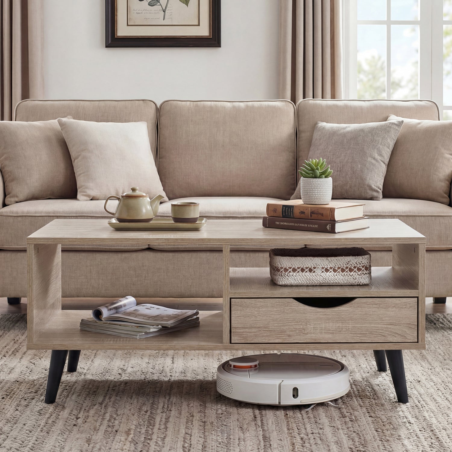 Coffee Table with Storage Rustic Rectangle Center Table-Natural