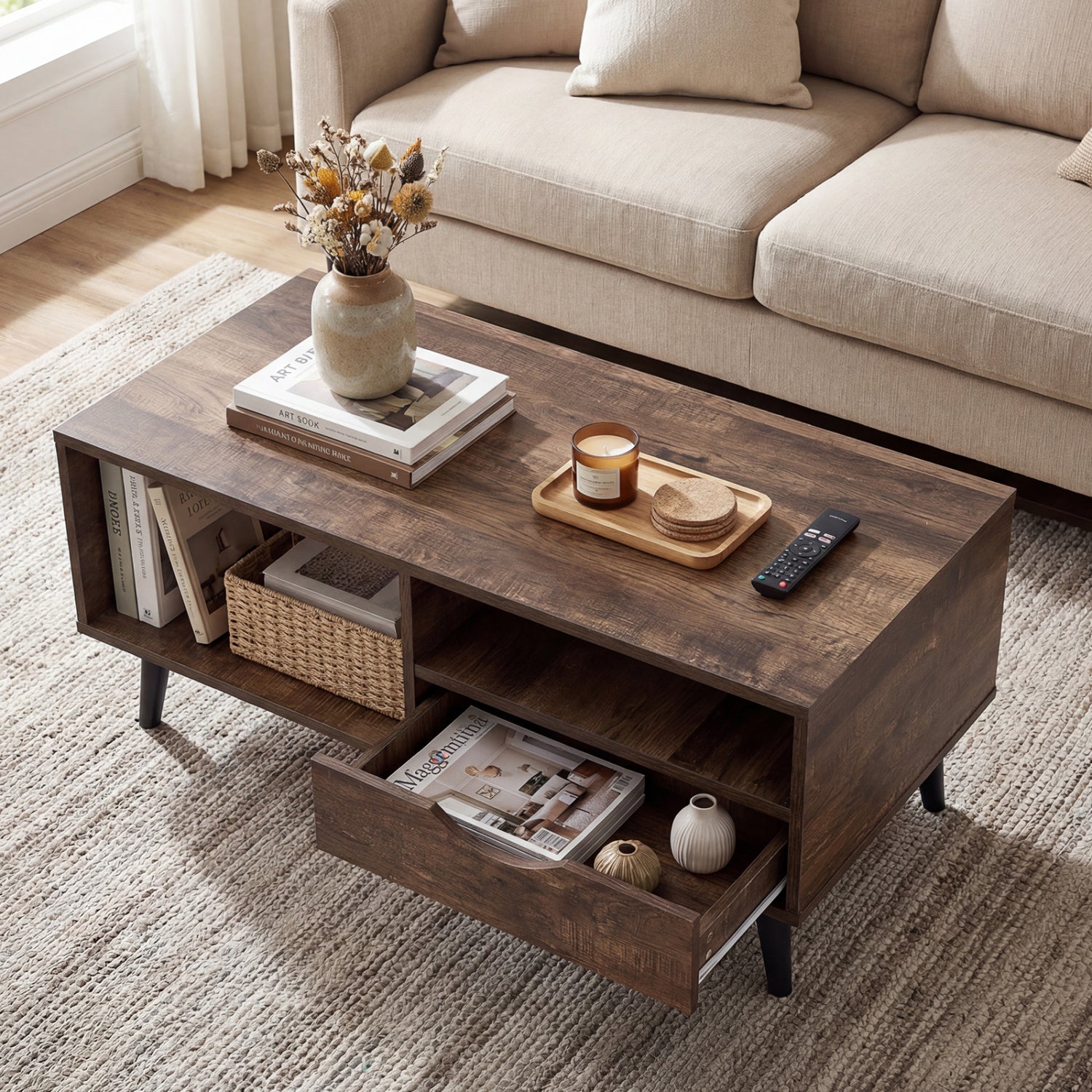 Coffee Table with Storage Rustic Rectangle Center Table-Walnut