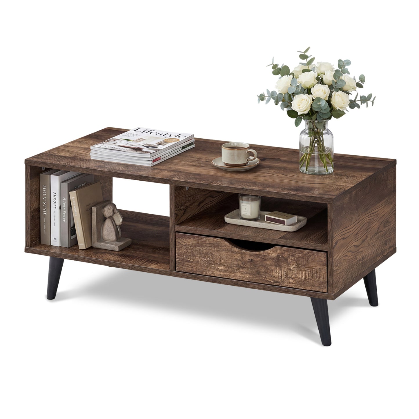 Coffee Table with Storage Rustic Rectangle Center Table-Walnut
