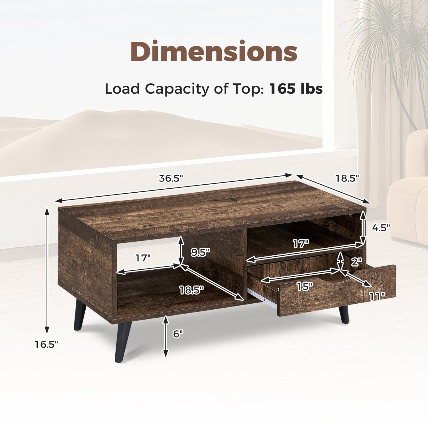 Coffee Table with Storage Rustic Rectangle Center Table-Walnut