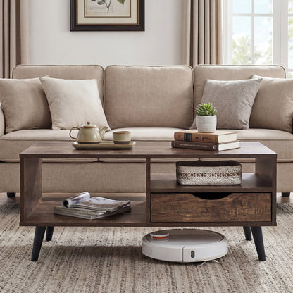 Coffee Table with Storage Rustic Rectangle Center Table-Walnut