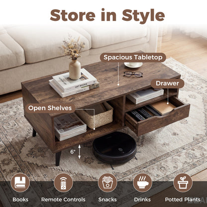 Coffee Table with Storage Rustic Rectangle Center Table-Walnut
