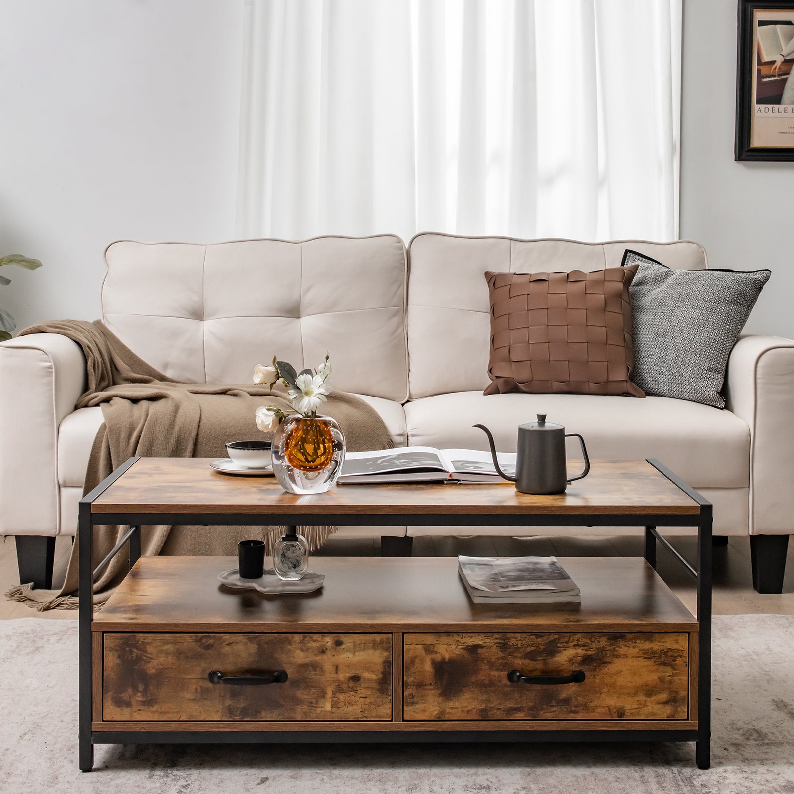 Coffee Table with 2 Drawers and Open Shelf for Living Room-Rustic Brown