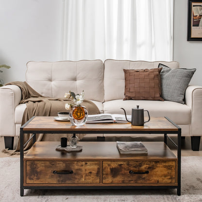 Coffee Table with 2 Drawers and Open Shelf for Living Room-Rustic Brown