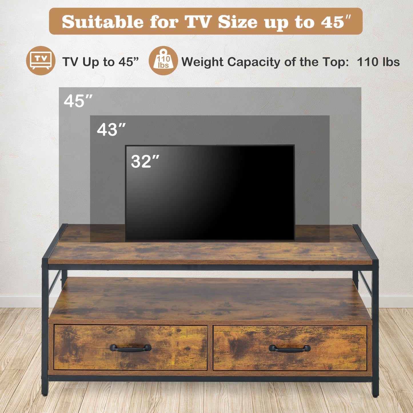 Coffee Table with 2 Drawers and Open Shelf for Living Room-Rustic Brown
