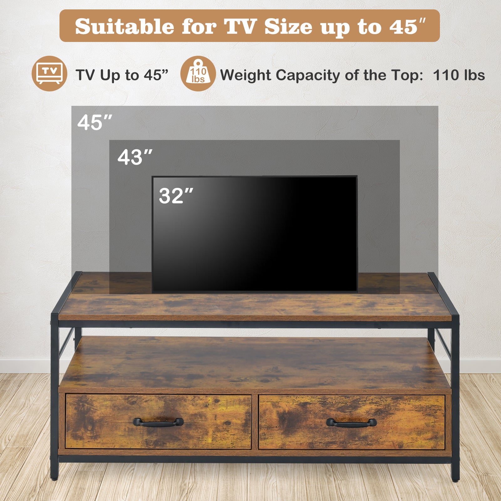 Coffee Table with 2 Drawers and Open Shelf for Living Room-Rustic Brown