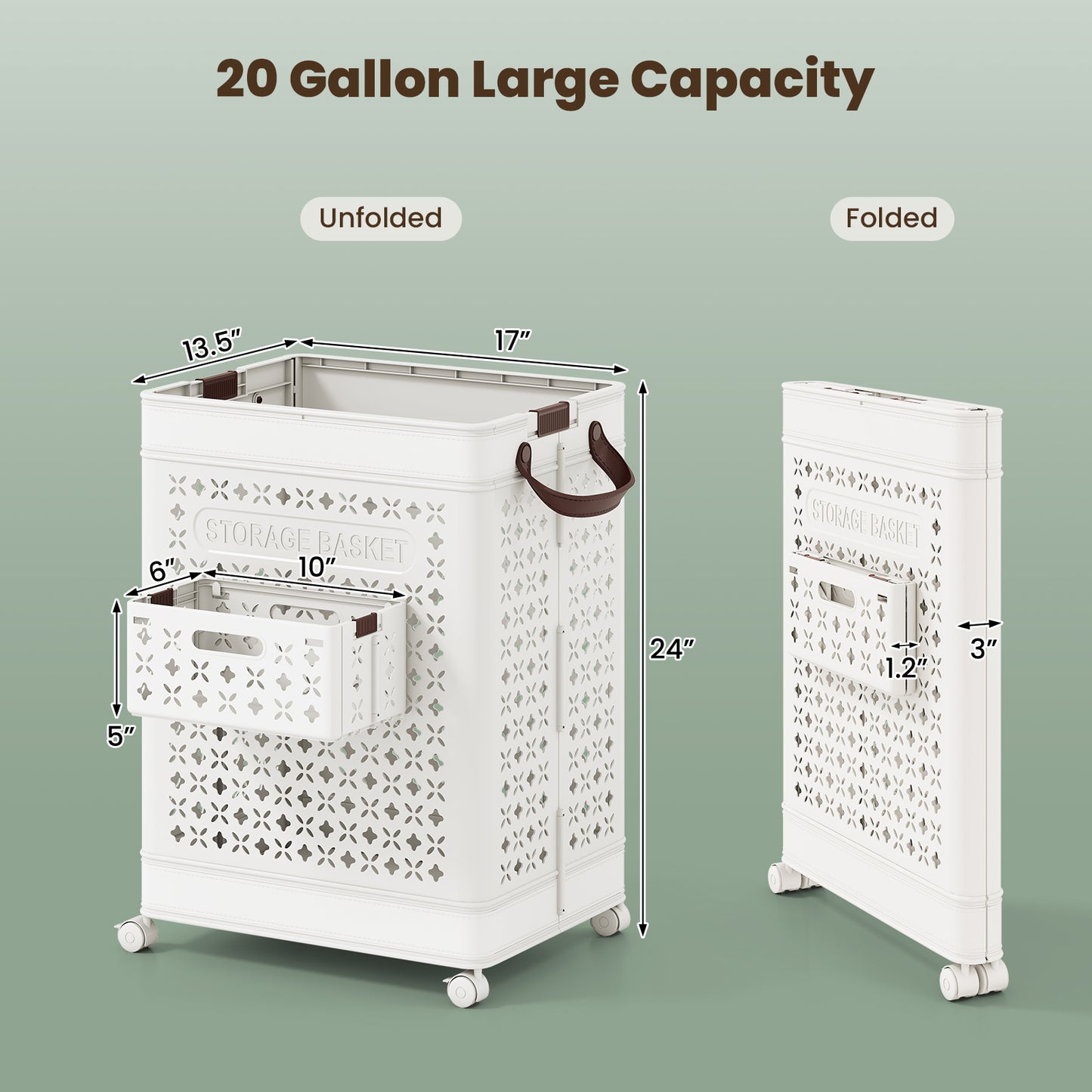 Collapsible Laundry Basket 20 Gallon Plastic Storage Bin-White