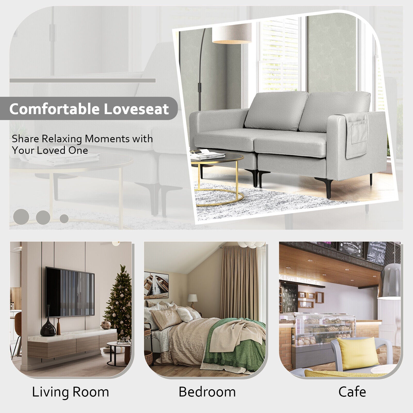 Modern Loveseat Sofa Couch with Side Storage Pocket and Sponged Padded Seat Cushions-Orange - Light Gray