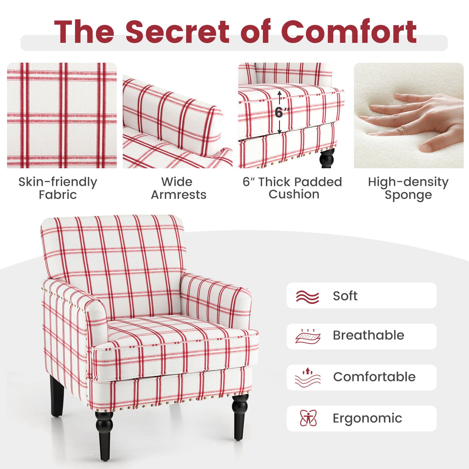 Modern Upholstered Padded Accent Chair with Rubber Wood Legs-Red