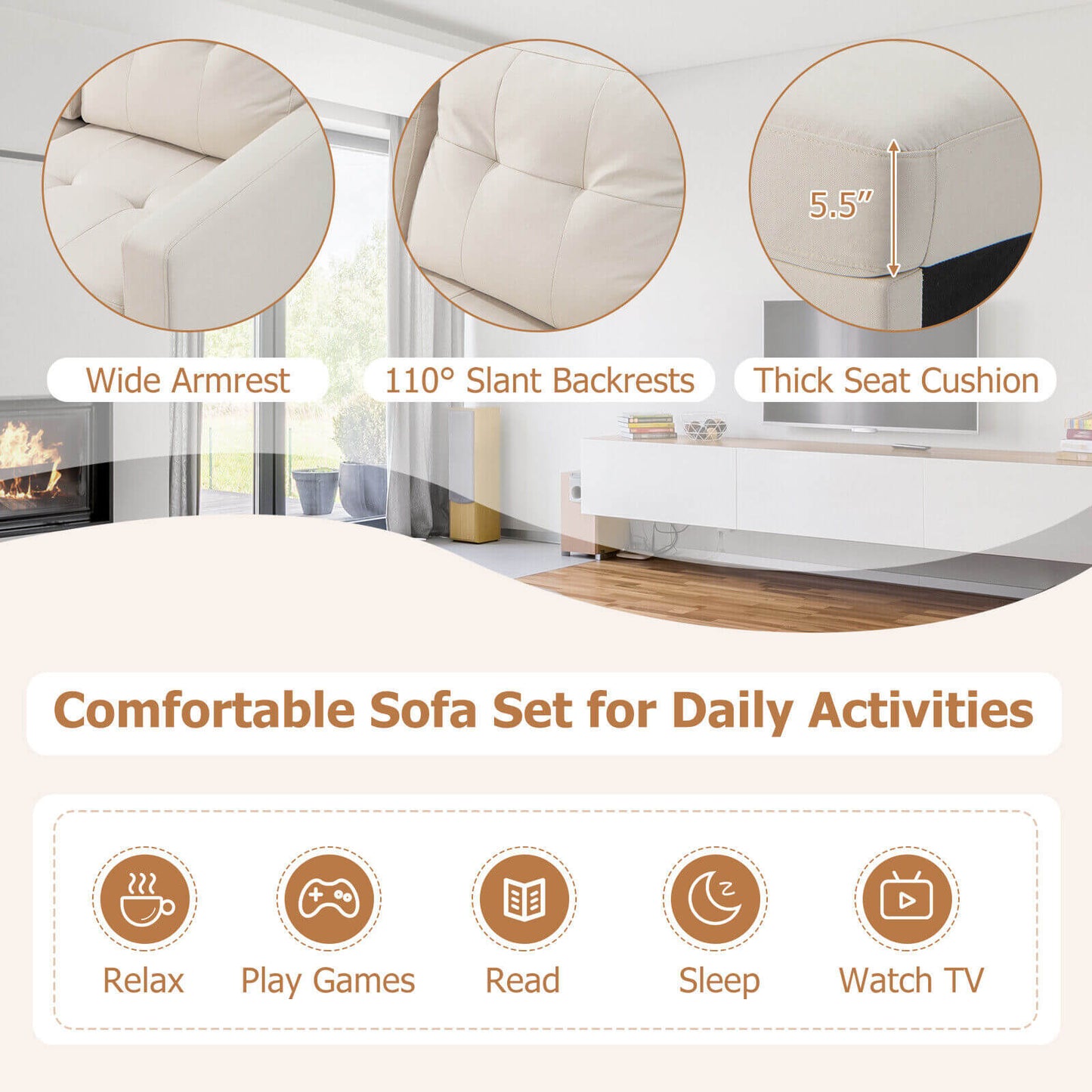 L-shaped Sectional Corner Sofa Set with Storage Ottoman-Beige
