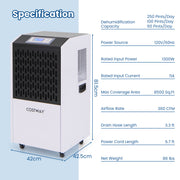 250 Pints Commercial Dehumidifier with Drain Hose Large Spaces up to 8500 Sq.Ft-White