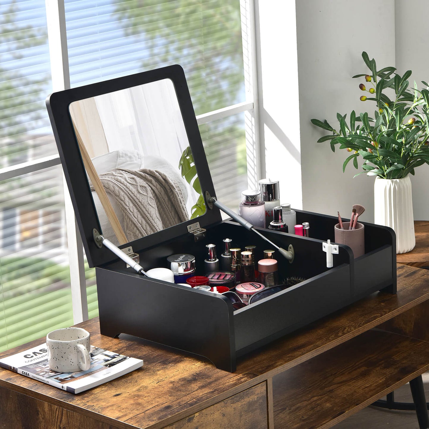 Compact Bay Window Makeup Dressing Table with Flip-Top Mirror-Black