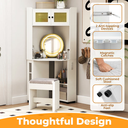 Compact Dressing Corner Vanity Desk with Mirror and Lights-White