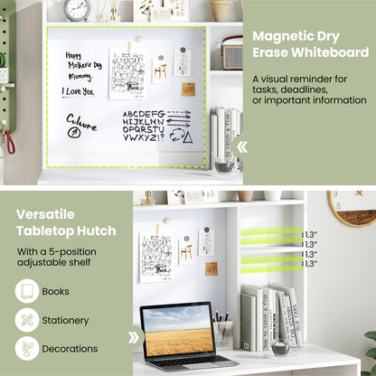 Compact Office Computer Desk with Hutch Magnetic Whiteboard-White