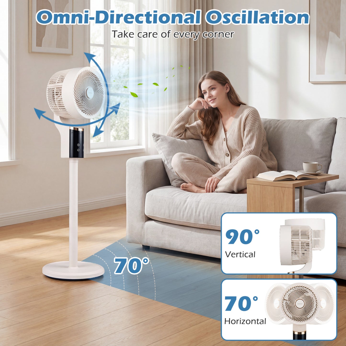 Compact Oscillating Standing Fan with 70° Oscillation and 90° Tilt for Home Office