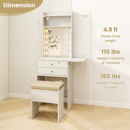 Compact Vanity Desk Set with 3-Color Lighted Mirror and Power Outlets-White