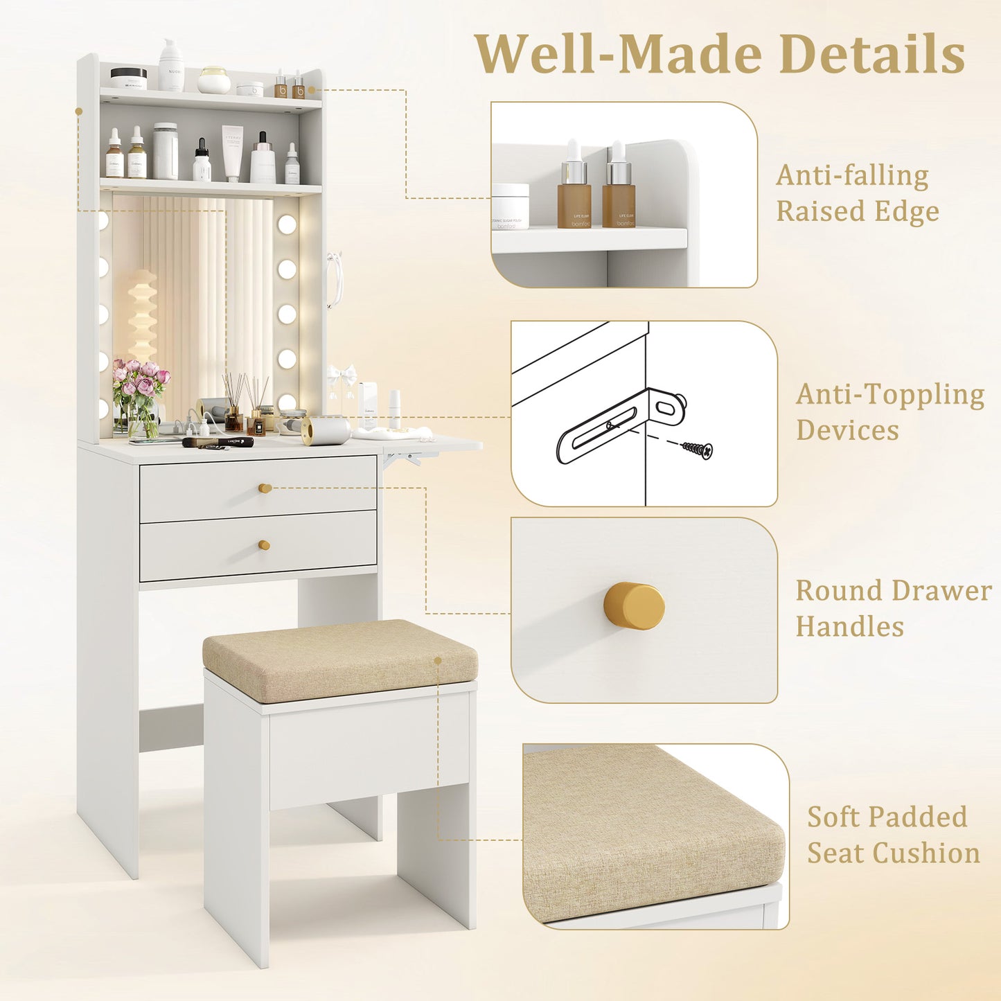 Compact Vanity Desk Set with 3-Color Lighted Mirror and Power Outlets-White