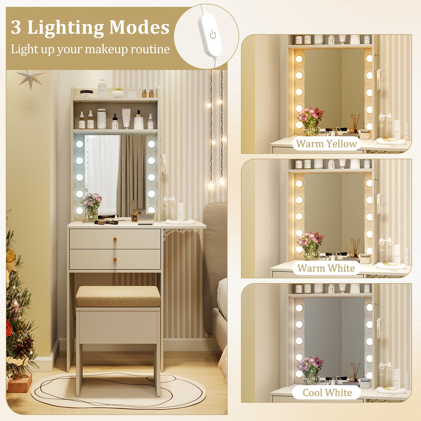 Compact Vanity Desk Set with 3-Color Lighted Mirror and Power Outlets-White