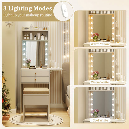 Compact Vanity Desk Set with 3-Color Lighted Mirror and Power Outlets-White