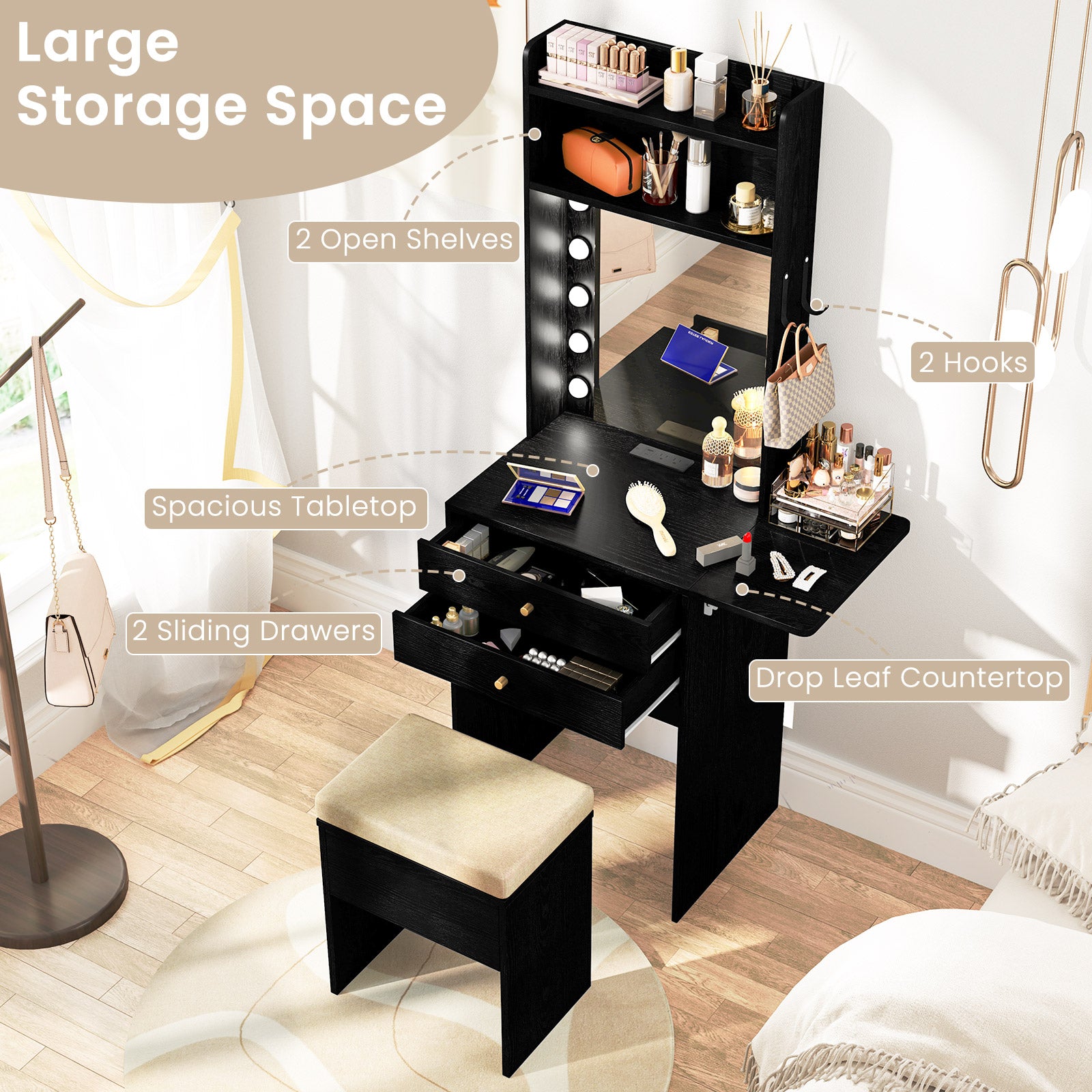 Compact Vanity Desk Set with 3-Color Lighted Mirror and Power Outlets-Black