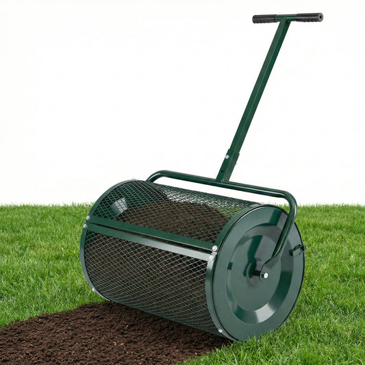 Compost Spreader 24 Inch Peat Moss Spreader Roller with Height-adjustable T-shape Handle